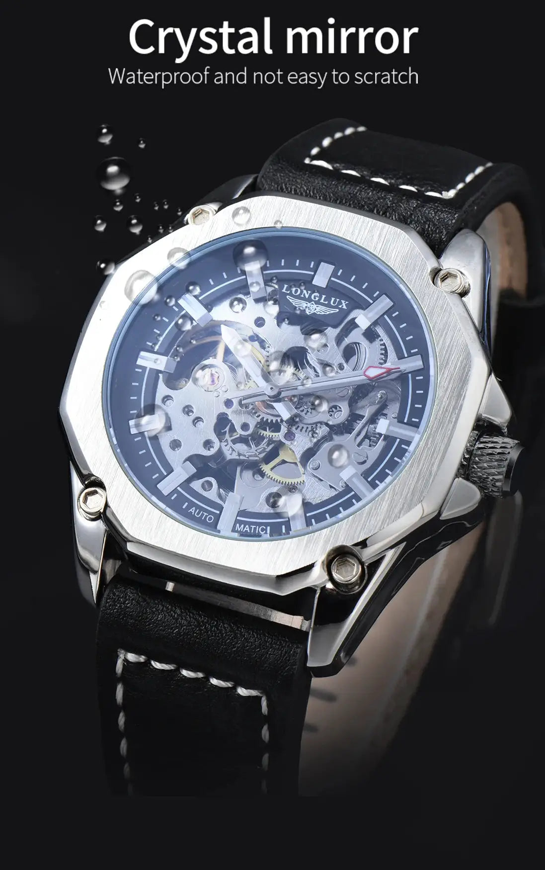 Men's automatic skeleton watch by LongLux with waterproof stainless steel case, blue dial, and black leather strap
