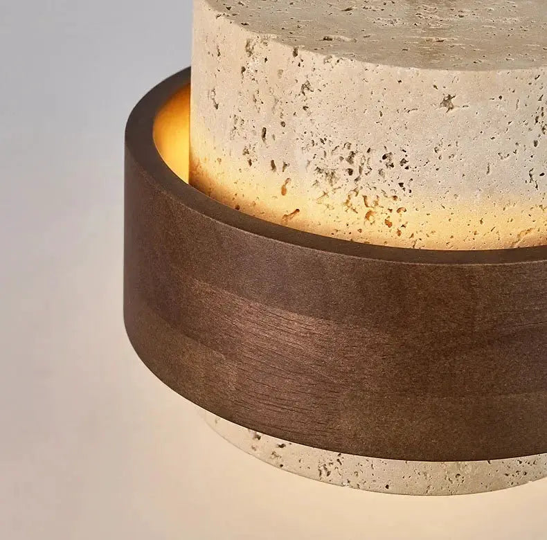 Japanese Wabi Sabi bar pendant lamp by Simples Market with concrete shade and dark wood ring, warm ambient lighting