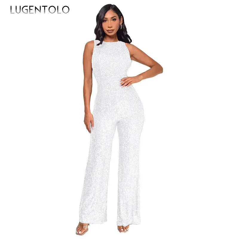 Sparkling sequin jumpsuit for women, white sleeveless high-waist wide-leg; LUGENTOLO logo visible