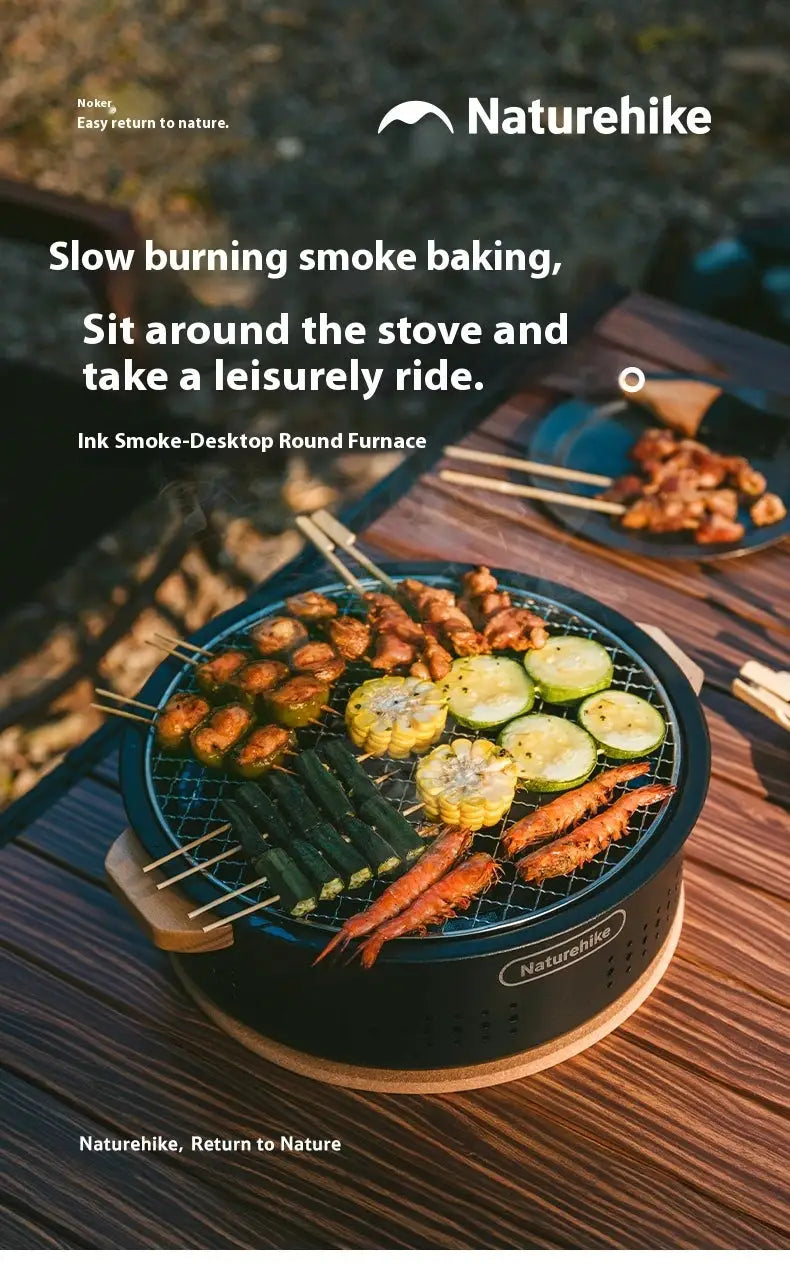 Naturehike outdoor tabletop barbecue stove, black metal with wooden base, skewers and vegetables cooking