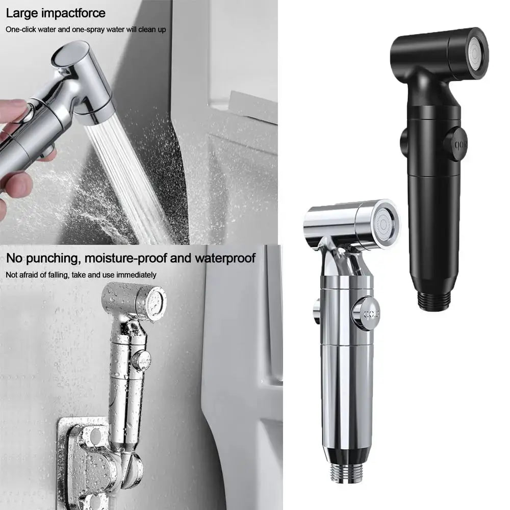 Two handheld bidet sprayers in chrome and black finishes with chrome wall-mount unit.
