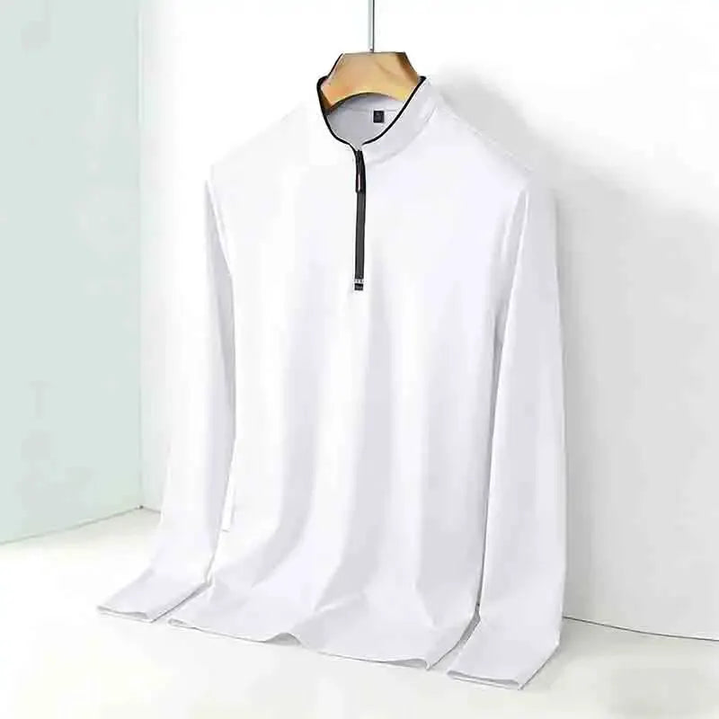 Men's white stand-collar half-zip long-sleeve pullover shirt by Simples Market, casual slim fit.
