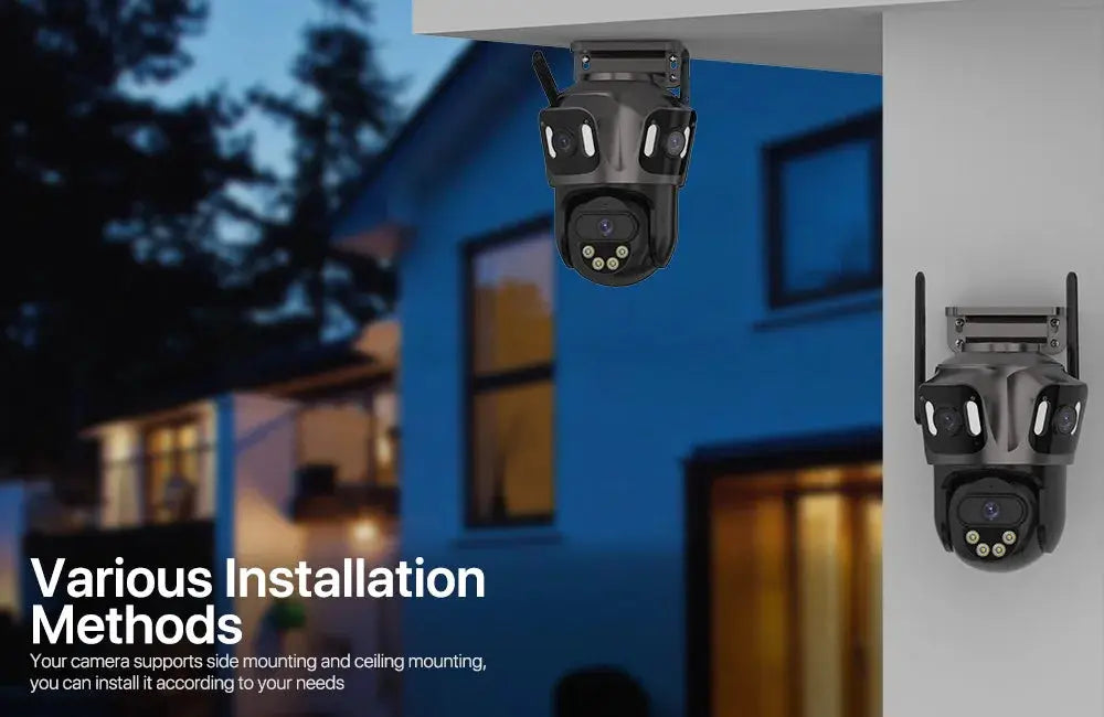 Outdoor 4K dual-lens PTZ IP camera system with AI human detection, IP66 waterproof, two cameras