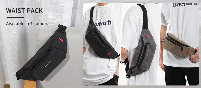 TINYAT waist pack belt bag shown in black and gray with compact phone pouch, 4 color options.