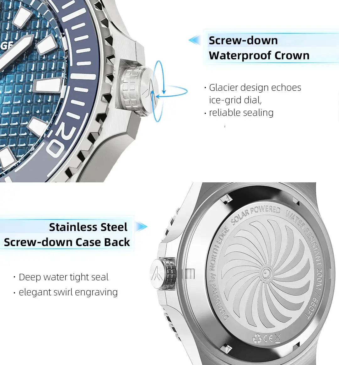 North Edge Abyss men's solar-powered dive watch, blue dial, 316L stainless steel case, 200m water resistance