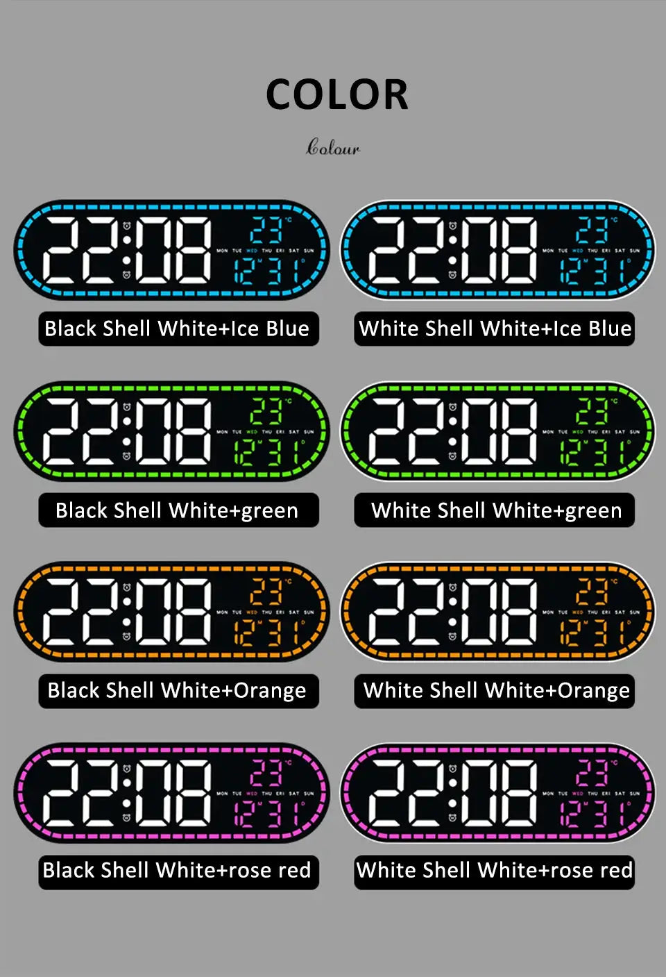 Digital LED wall clock with two alarms, temperature, date and weekday display in eight color variants by Simples Market