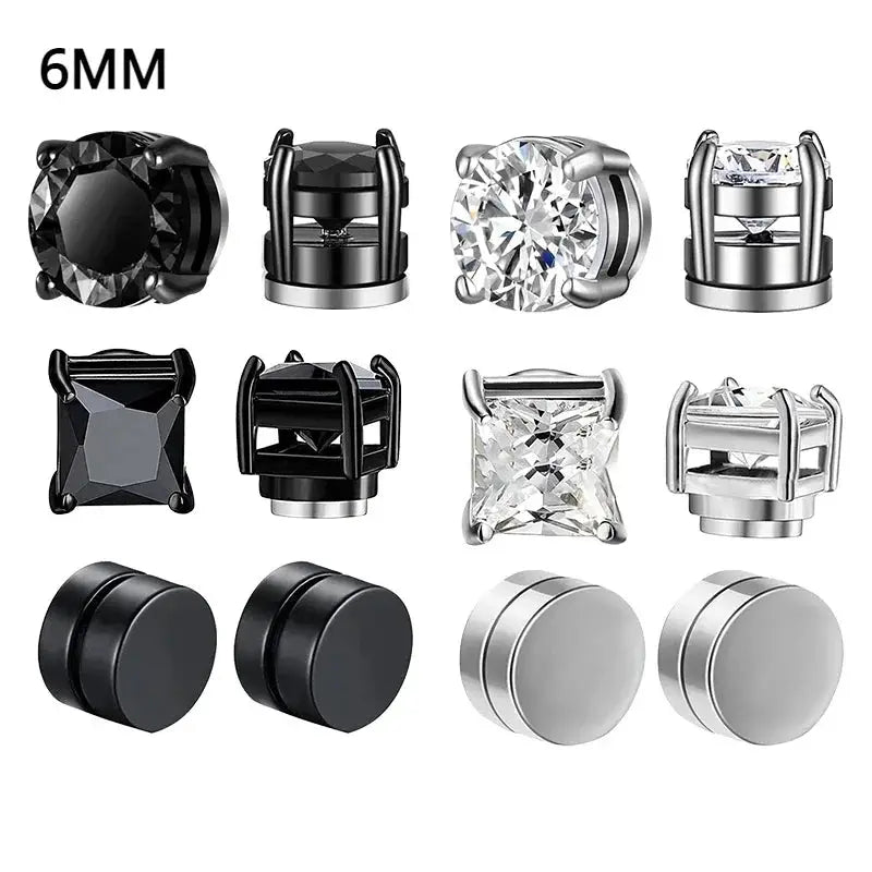 Crystal Magnetic Ear Stud Clip Earrings For Men And Women Unisex Non Piercing Punk Round Zircon Stainless Steel
