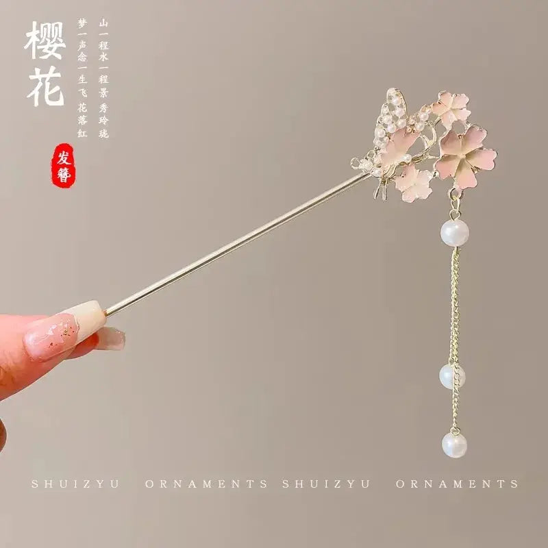 Elegant Chinese Style Romantic Enameled Flower Tassel Hair Clip Alloy Jewelry Hairpin For Women Fashion Accessory