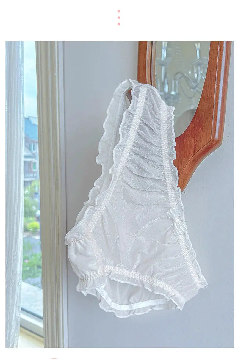 White ice silk lingerie panties with ruffled trim for women, large-size underwear