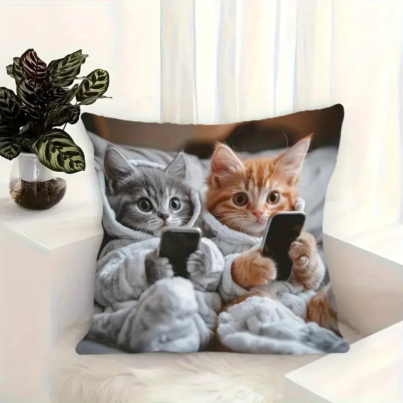 Simples Market pillow cover with two kittens in blankets, holding phones, vibrant bohemian design