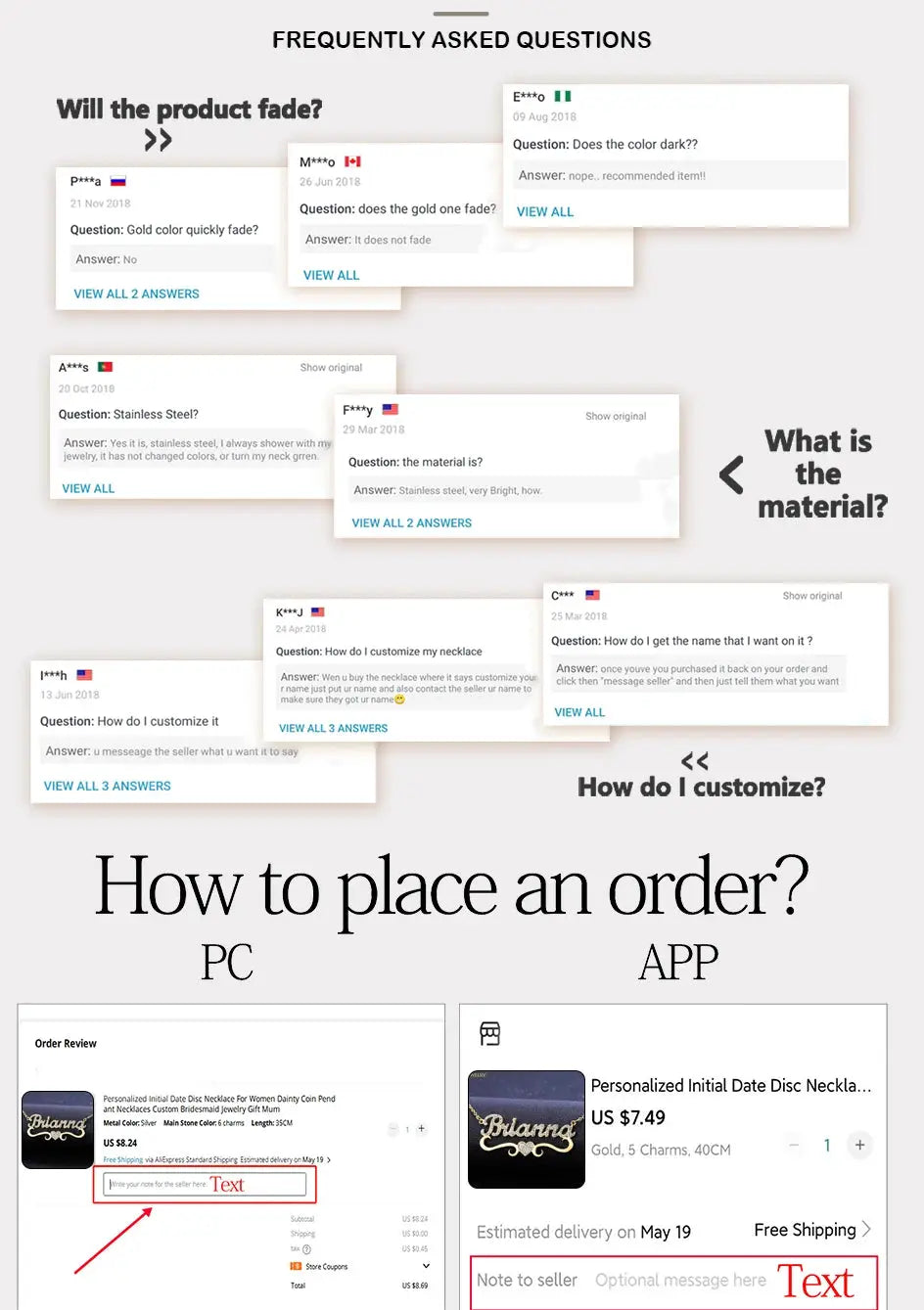 Qitian XOXO hoop name earrings infographic showing customization FAQs and PC/app ordering steps