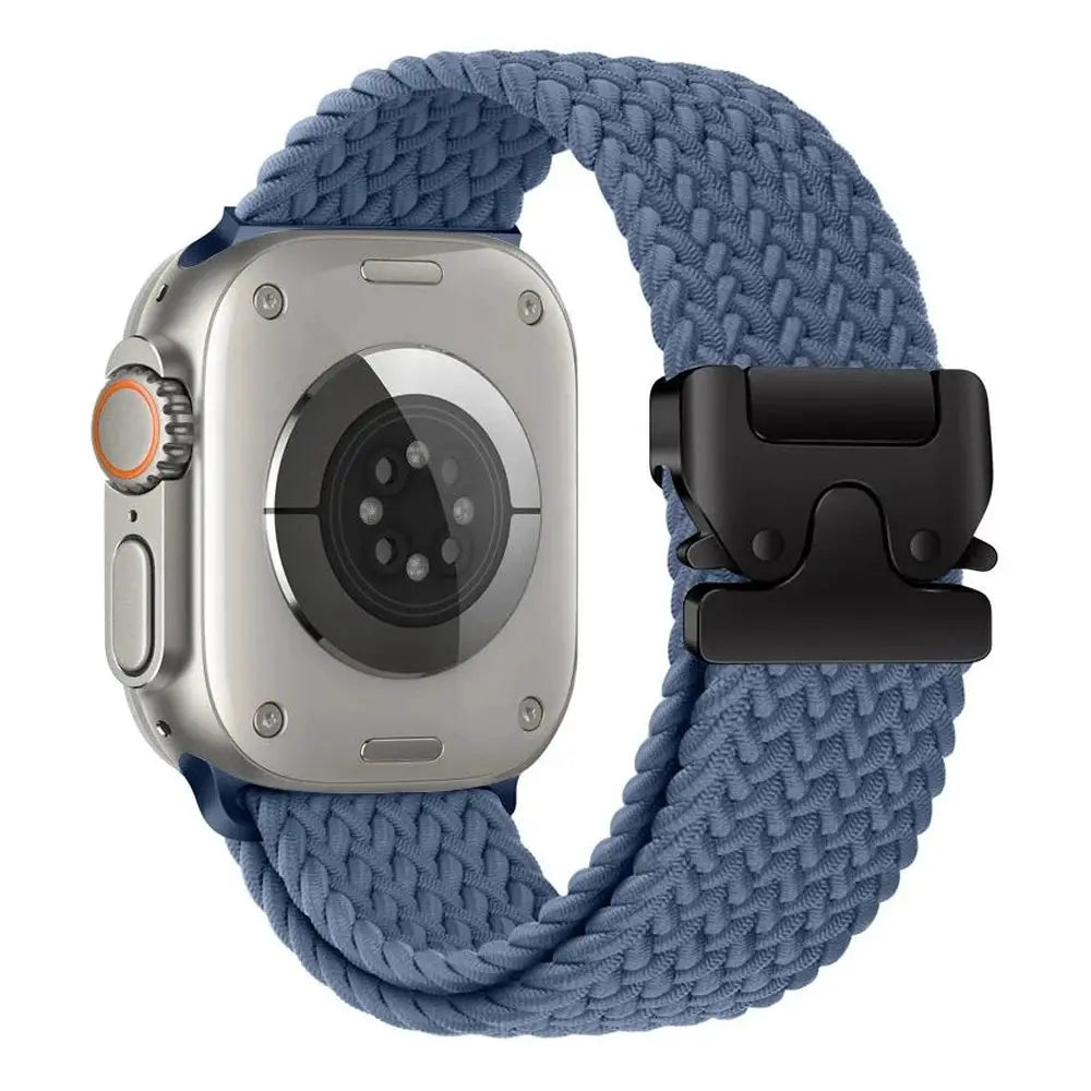 Parachute strap for Apple Watch by Simples Market; braided blue nylon with black deployment clasp, fits 41-49mm models