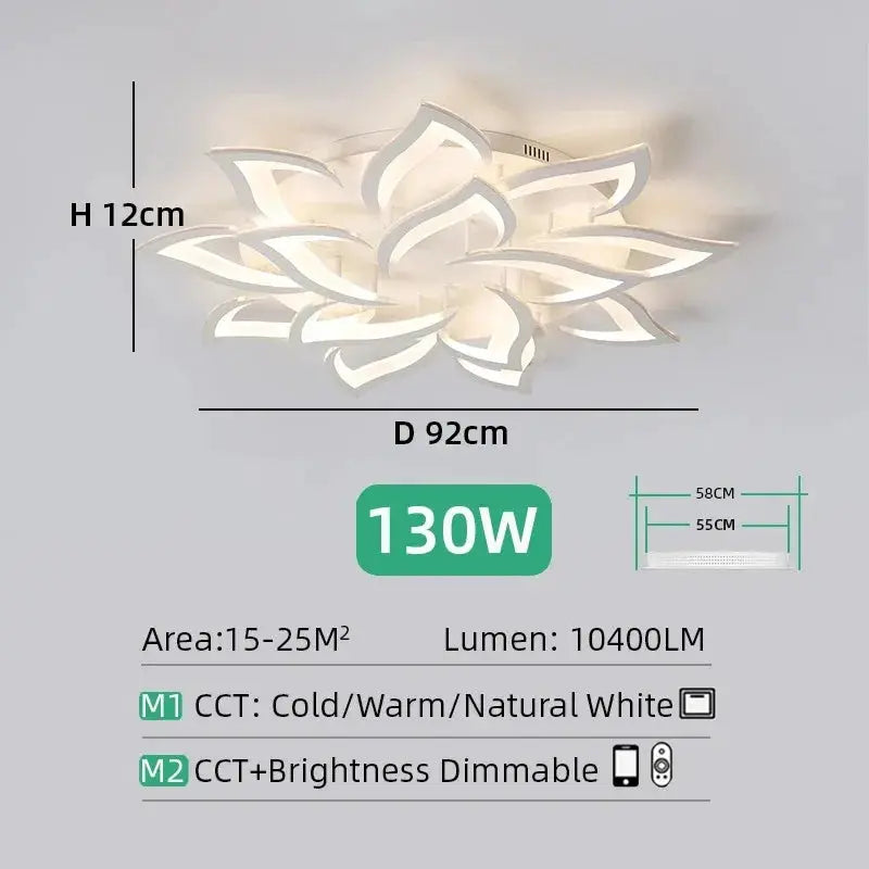 Nordic flower-shaped ceiling pendant lamp, white LED fixture, 92 cm dia, 12 cm height, dimmable CCT, 10400LM
