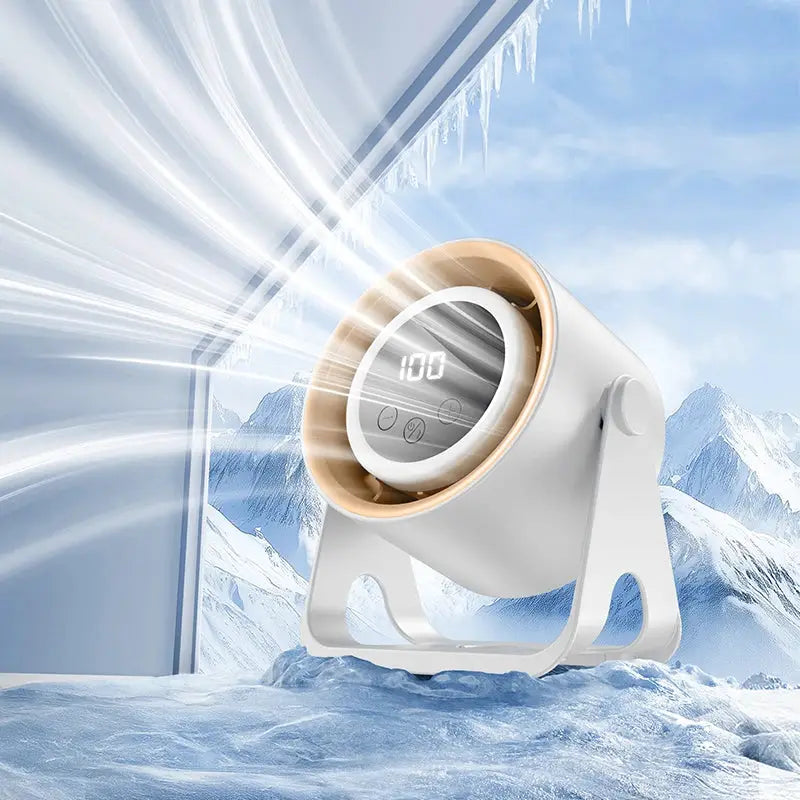Simples Market bladeless desktop fan with ambient light, USB rechargeable, digital display 100, white with beige ring