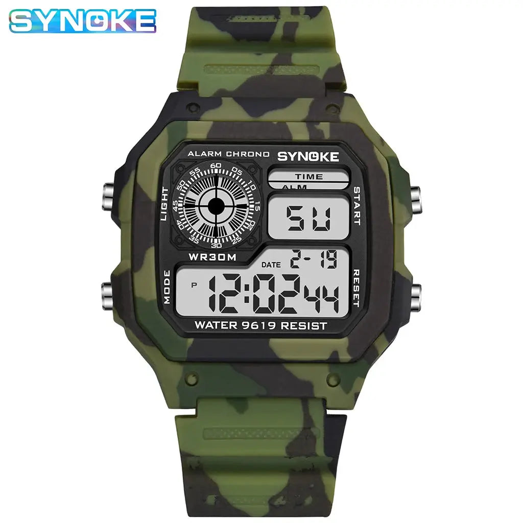 SYNOKE camo outdoor military digital watch for men with digital display, camo strap, water resistant 30m