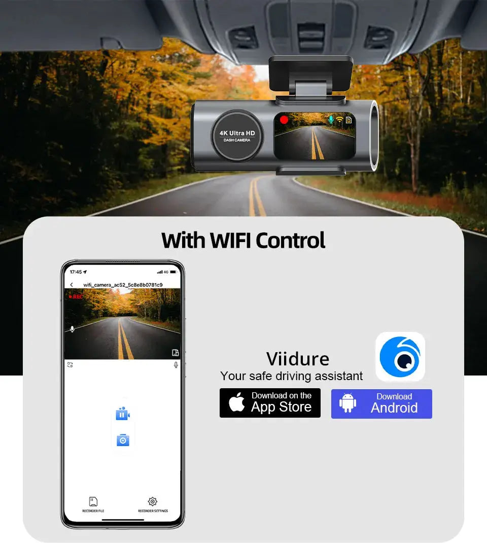 Dash Cam 4K Ultra HD GPS WiFi with optional rear lens; black car DVR with Viidure app control.