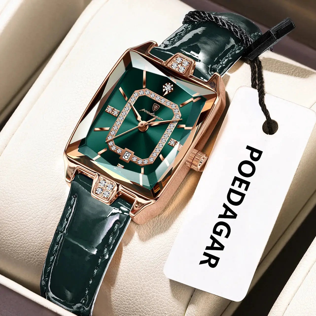 POEDAGAR luxury women's wristwatch; rose-gold case, emerald-green dial with crystals, green leather strap, date.