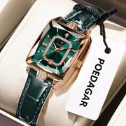 POEDAGAR luxury women's wristwatch; rose-gold case, emerald-green dial with crystals, green leather strap, date.