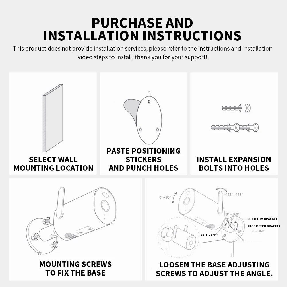 Xiaomi Mijia AW300 outdoor camera installation guide showing mounting location, bolts, screws, and angle adjustment.