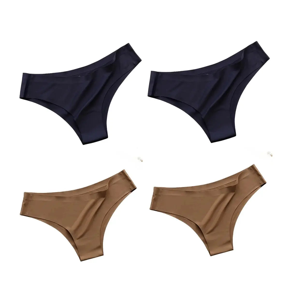 4-piece set of seamless Brazilian panties in navy and tan, low-rise bikini briefs.