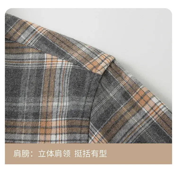 100% cotton flannel shirt, gray and tan plaid, casual jacket-style with shoulder seam detail