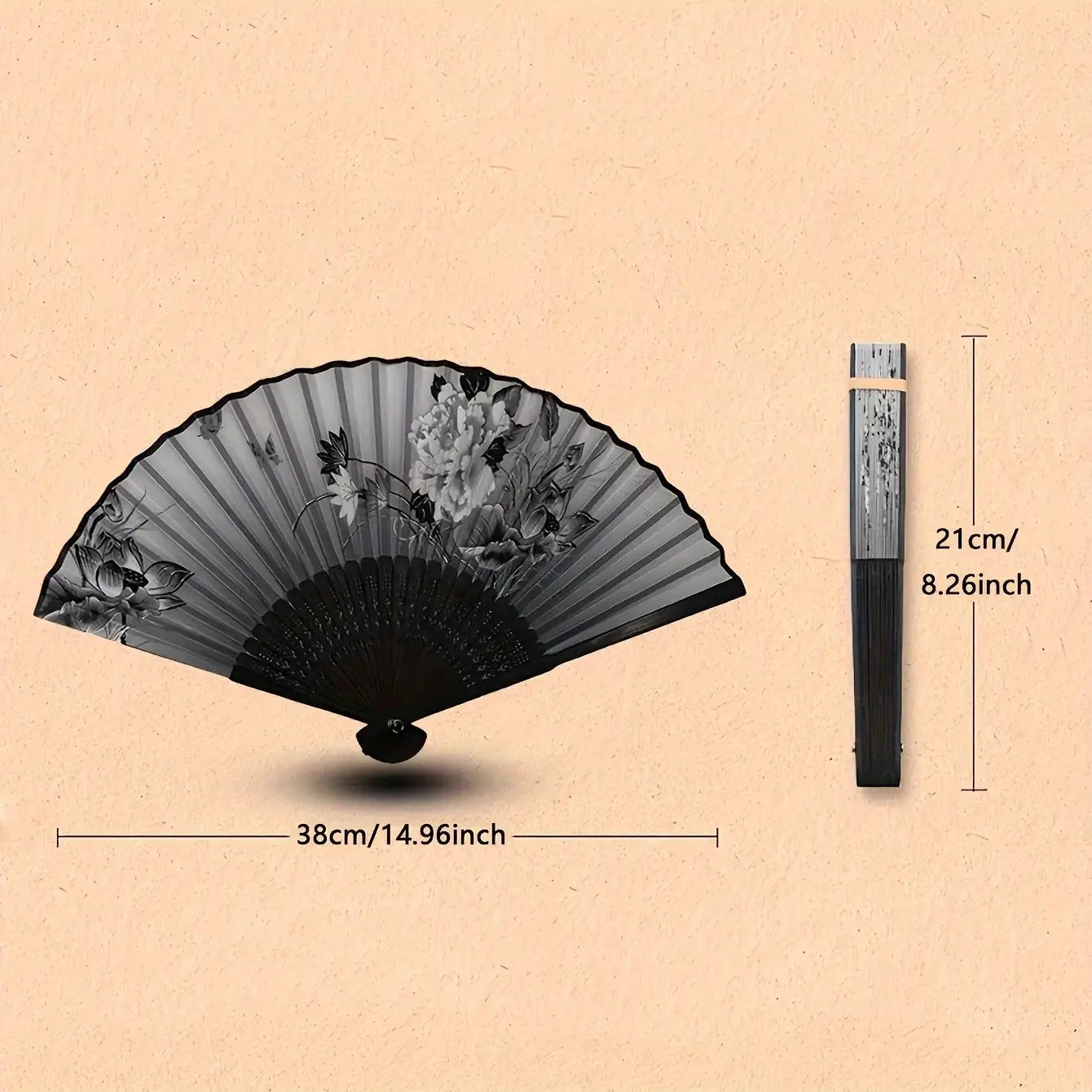 Bamboo folding hand fan with gray floral print; opens to 38cm, closed 21cm, with case