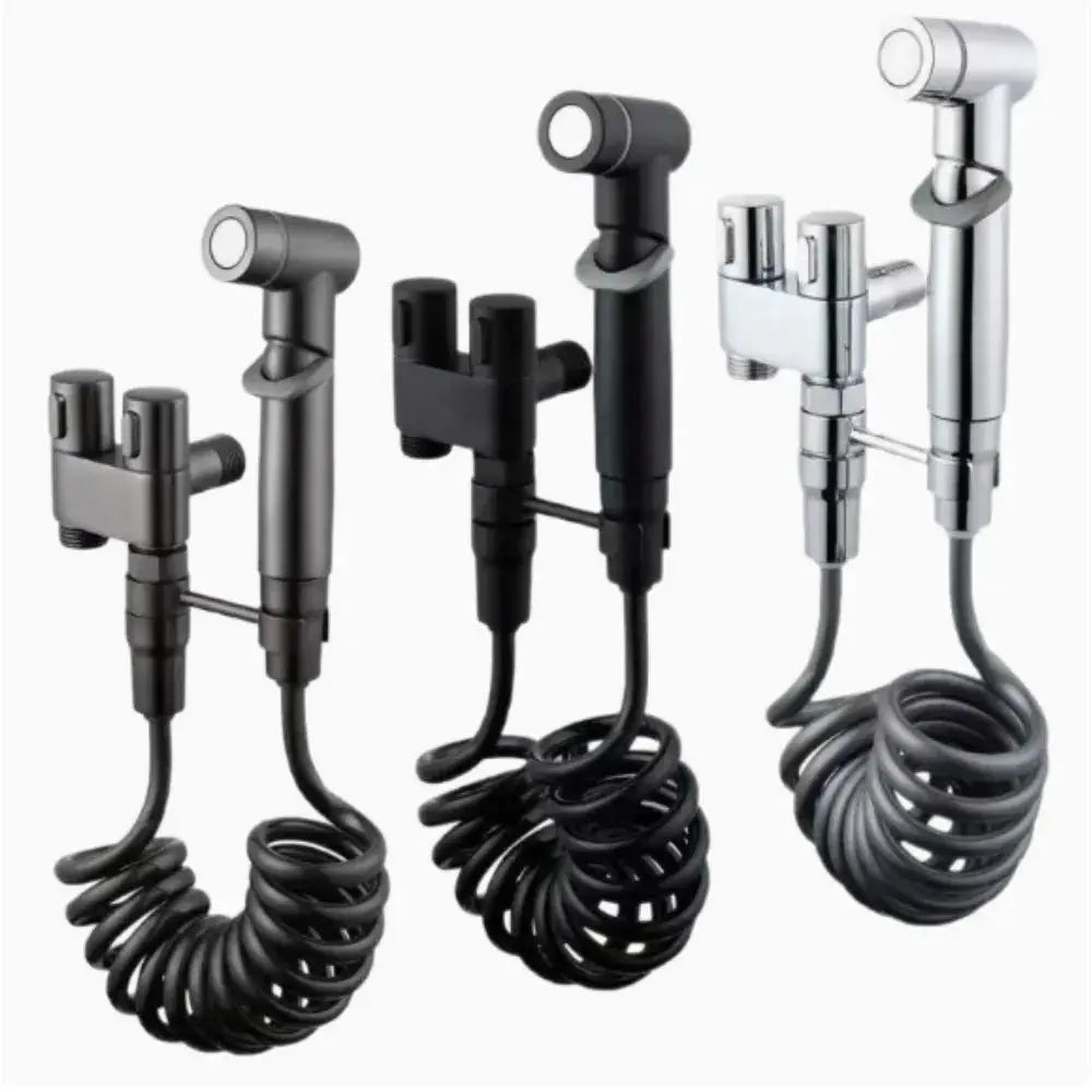 Toilet bidet set by Simples Market with three handheld bidet sprayers, coiled hoses, chrome and black finishes