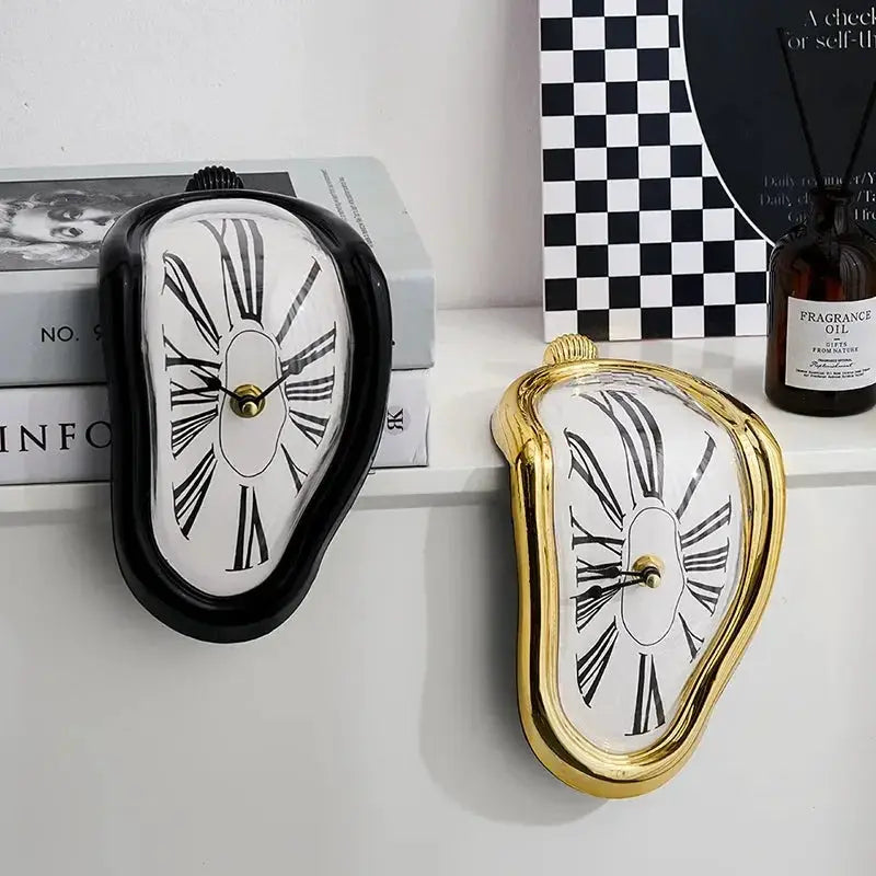 Two melted wall clocks with black and gold frames, Salvador Dalí style, decorative home or office desk decor