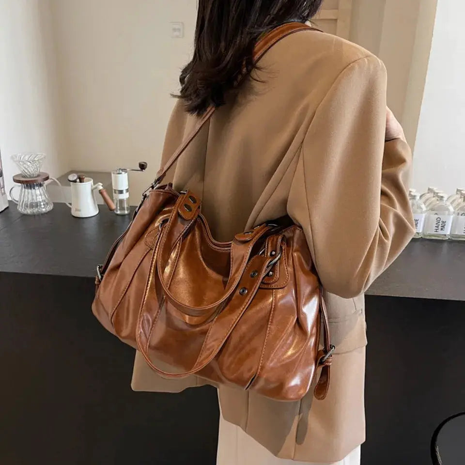 Retro Brand brown PU leather roomy shoulder bag with top handles and crossbody strap, large capacity