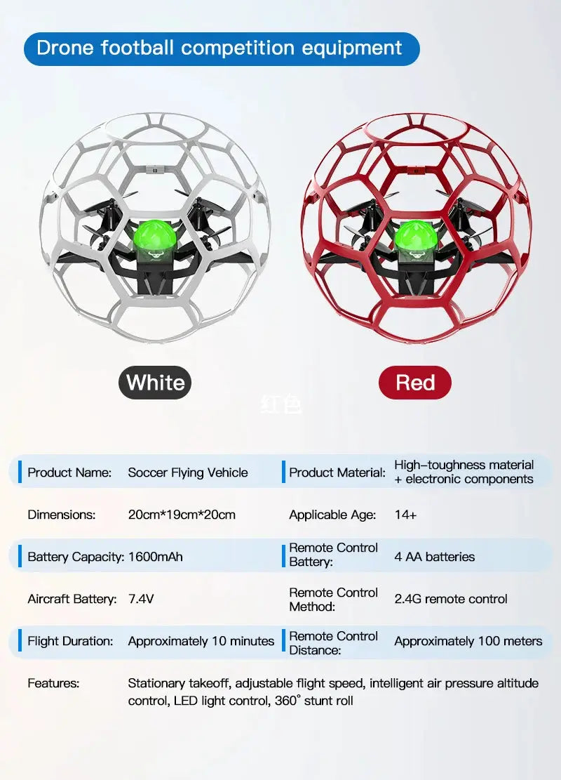 Simples Market SG600 MAX soccer flying vehicle; two white and red protective-cage drones with green cores.