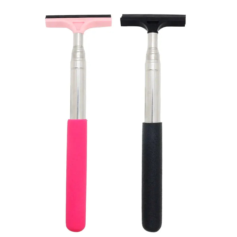 Pair of car window cleaning brushes with pink and black foam grips, telescopic handles and squeegee blades
