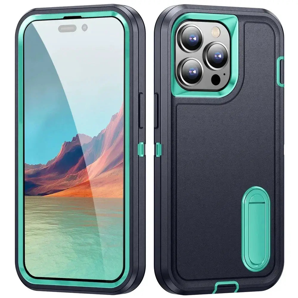 Simples Market rugged iPhone case with kickstand, teal trim, shockproof and anti-scratch protection