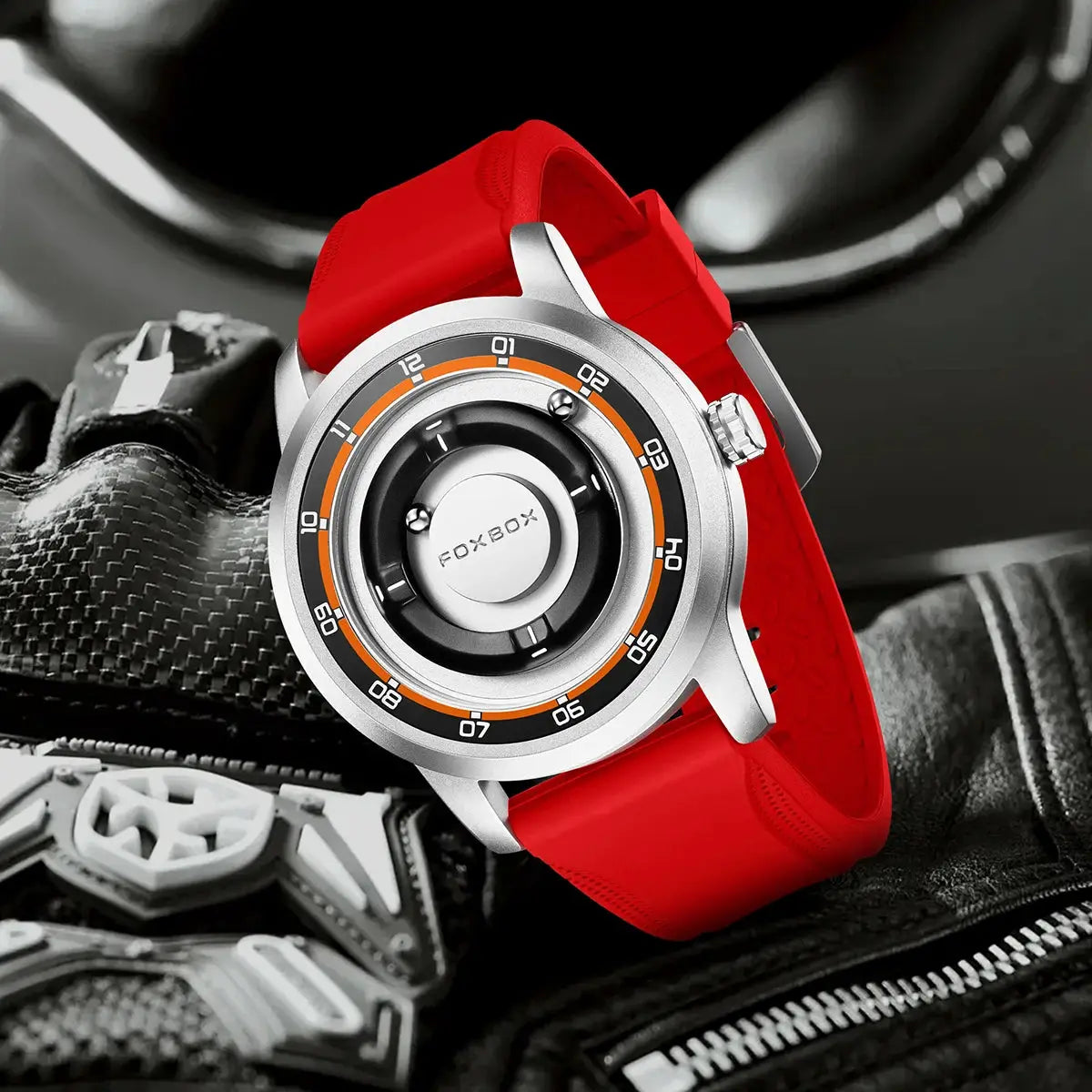 FOXBOX men's watch with a red silicone strap, silver case, and orange-black dial.