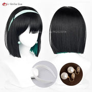 Simples Market Anime Sua Cosplay Wig 30cm, black with green highlights, heat-resistant synthetic hair