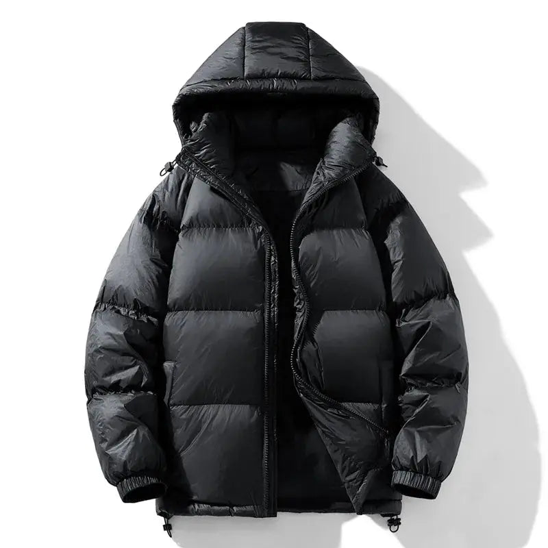 Men's black hooded down puffer coat by Simples Market.