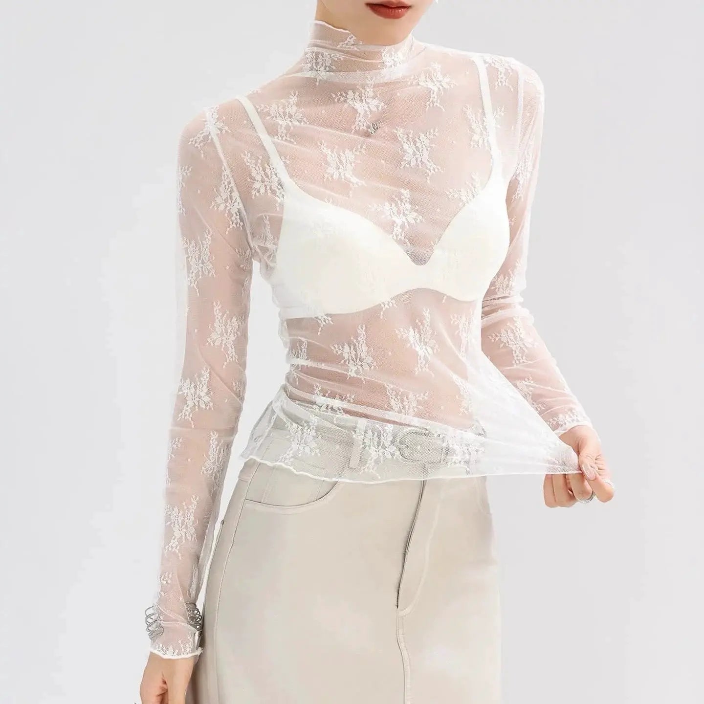 Simples Market sheer lace mesh top; pale pink long-sleeve blouse with floral pattern.