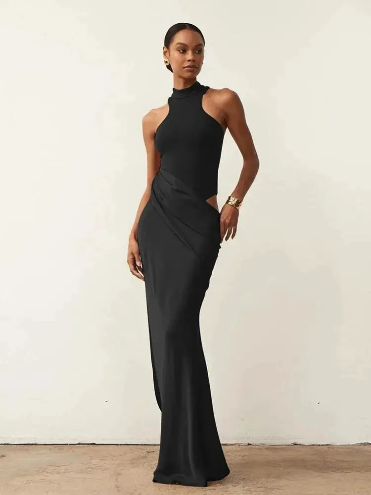 Julissa Mo Satin Hollow Out Maxi Dress Elegant Slim Fit Floor Length Party Clubwear