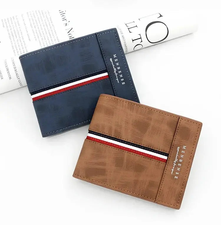 Luxury slim short men's wallet pair in navy blue and tan PU leather with white-red-black stripe, Simples Market.