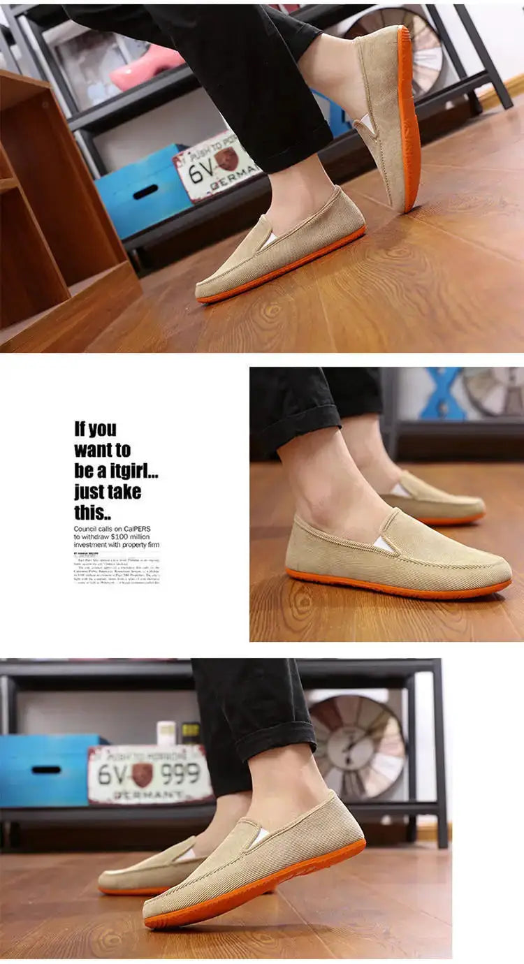 Simples Market men's beige fabric loafers with orange sole