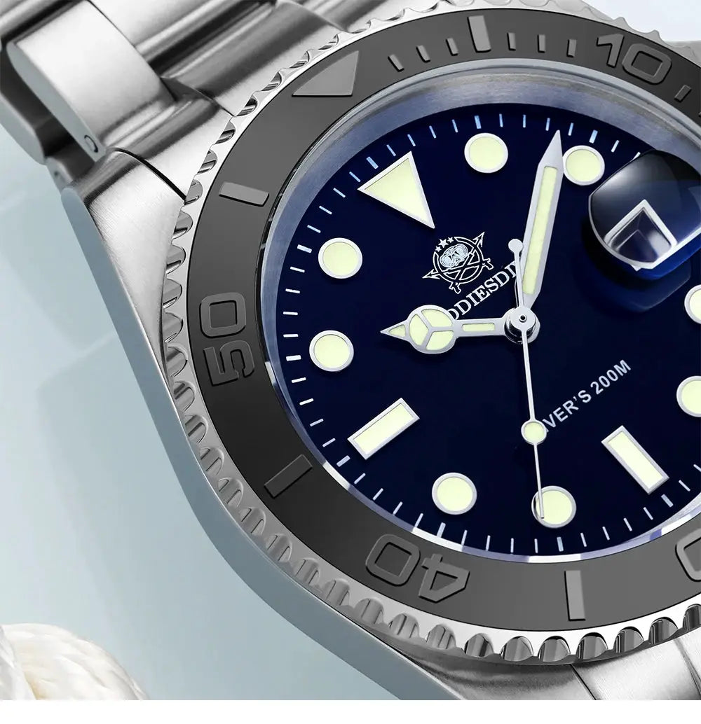 ADDIESDIVE men's quartz dive watch with blue dial, ceramic bezel, stainless steel case & bracelet, magnified date