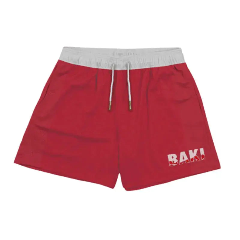IPPO shorts by Simples Market red with white drawstring, breathable quick-dry gym shorts featuring BAKI logo