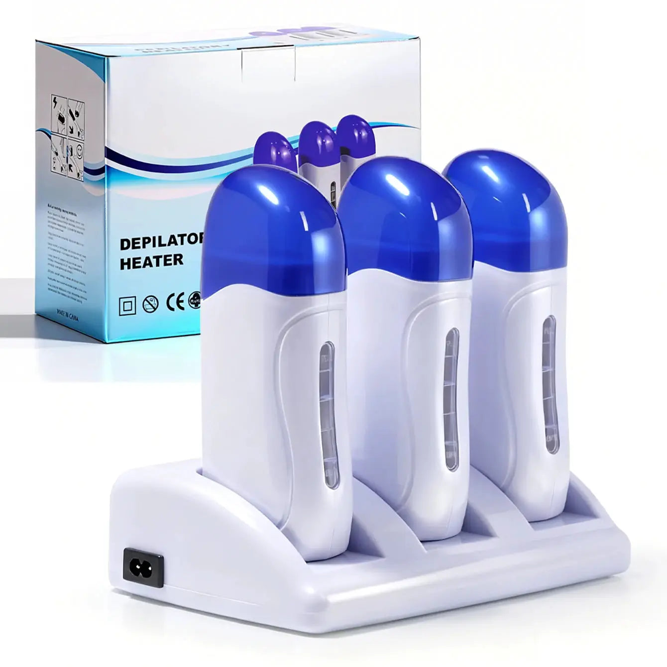 Three blue-topped roll-on wax heaters on a white stand, Simples Market depilator heater set