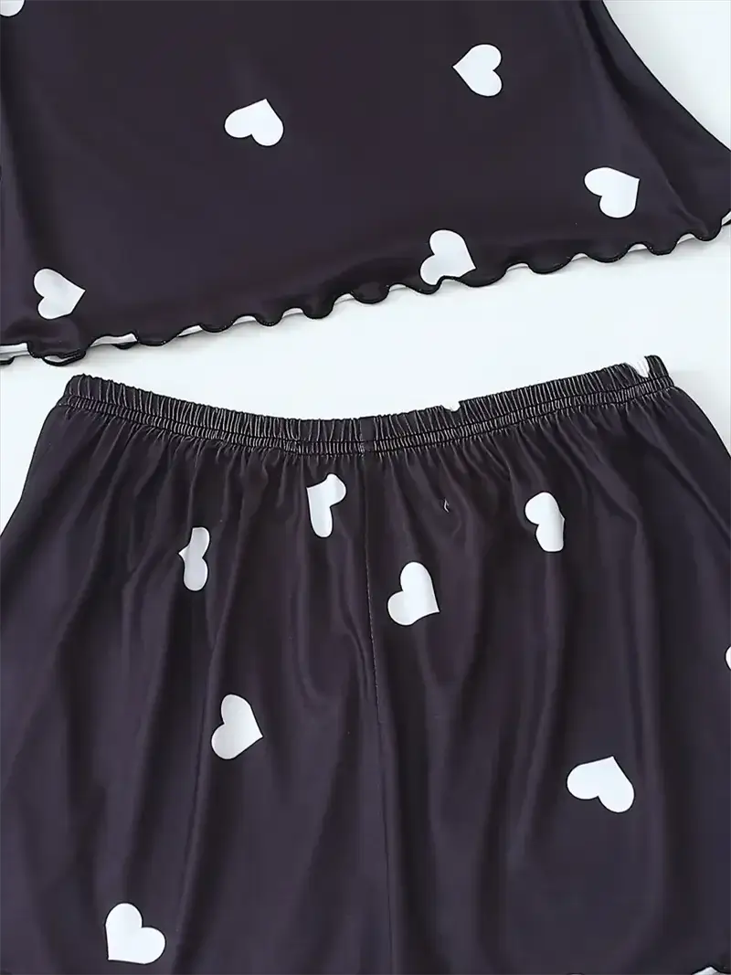 DreamWear Women Two Piece Suspender Pajama Set Heart Print Top and Shorts for Casual Summer Comfort