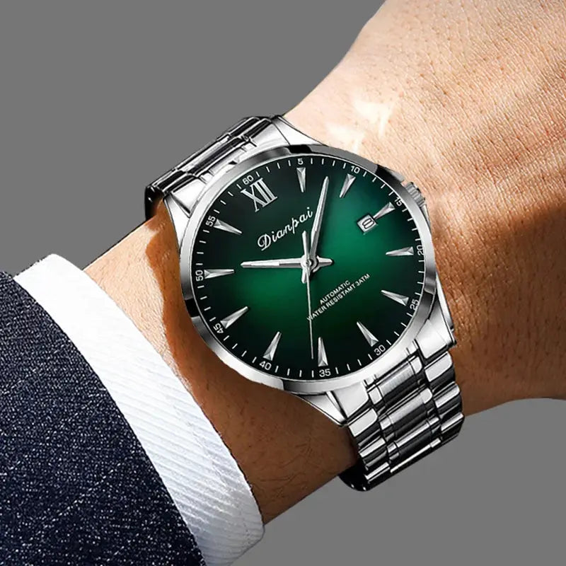 Dianpai stainless steel automatic men's watch with green dial and calendar date window
