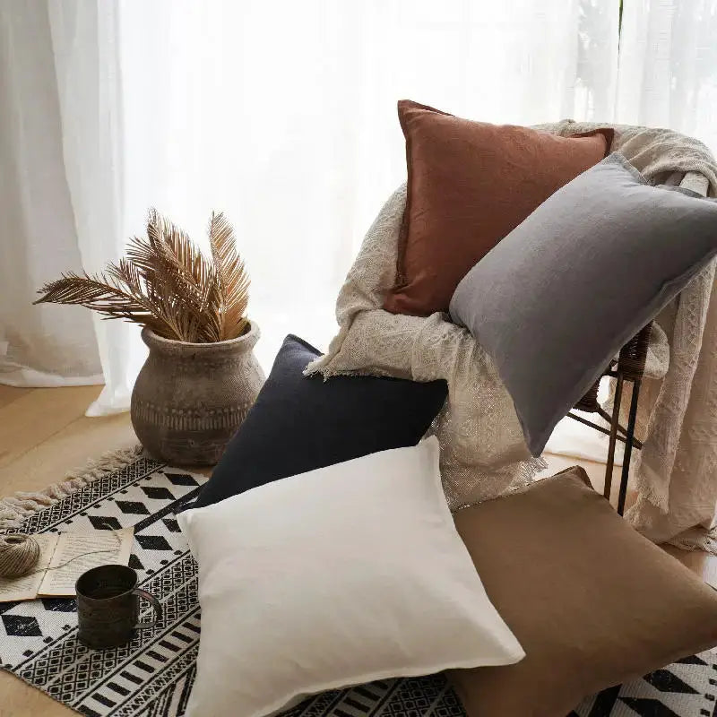 Decorative ramie cushion covers; five-piece set in rust, gray, white, black, tan for chair, sofa and living room.