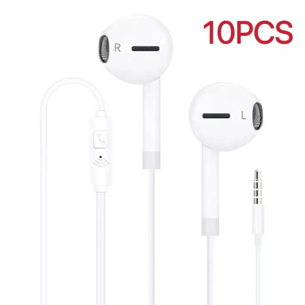 Wired headphones white stereo earphones with inline control and 3.5mm jack, 10 pcs