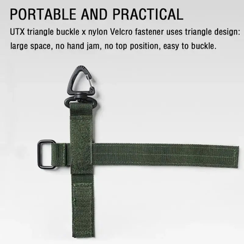 Green nylon strap with metal carabiner clip and Velcro fastener for outdoor tactical use