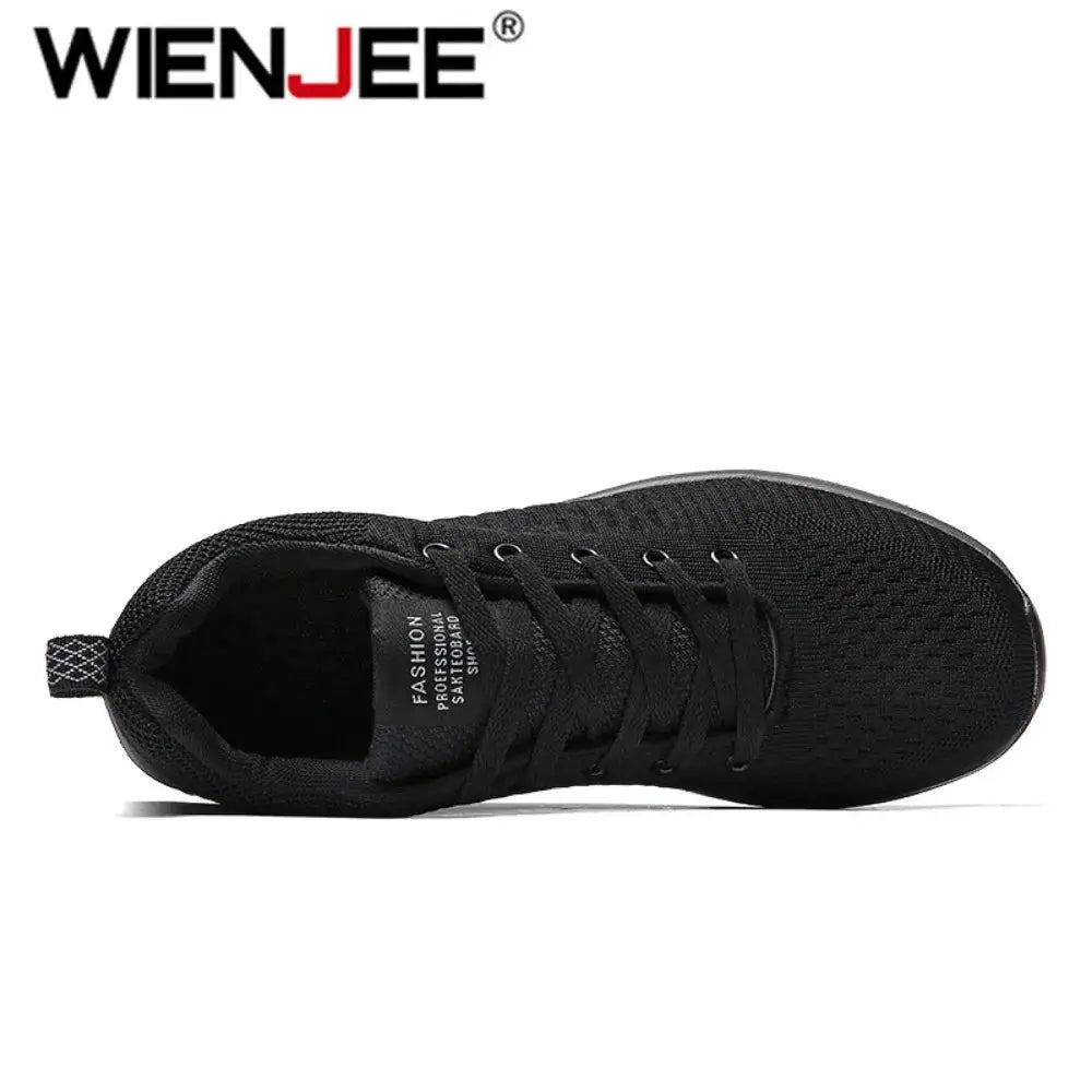 Wienjee men's black knit running sneaker, breathable lightweight athletic shoe