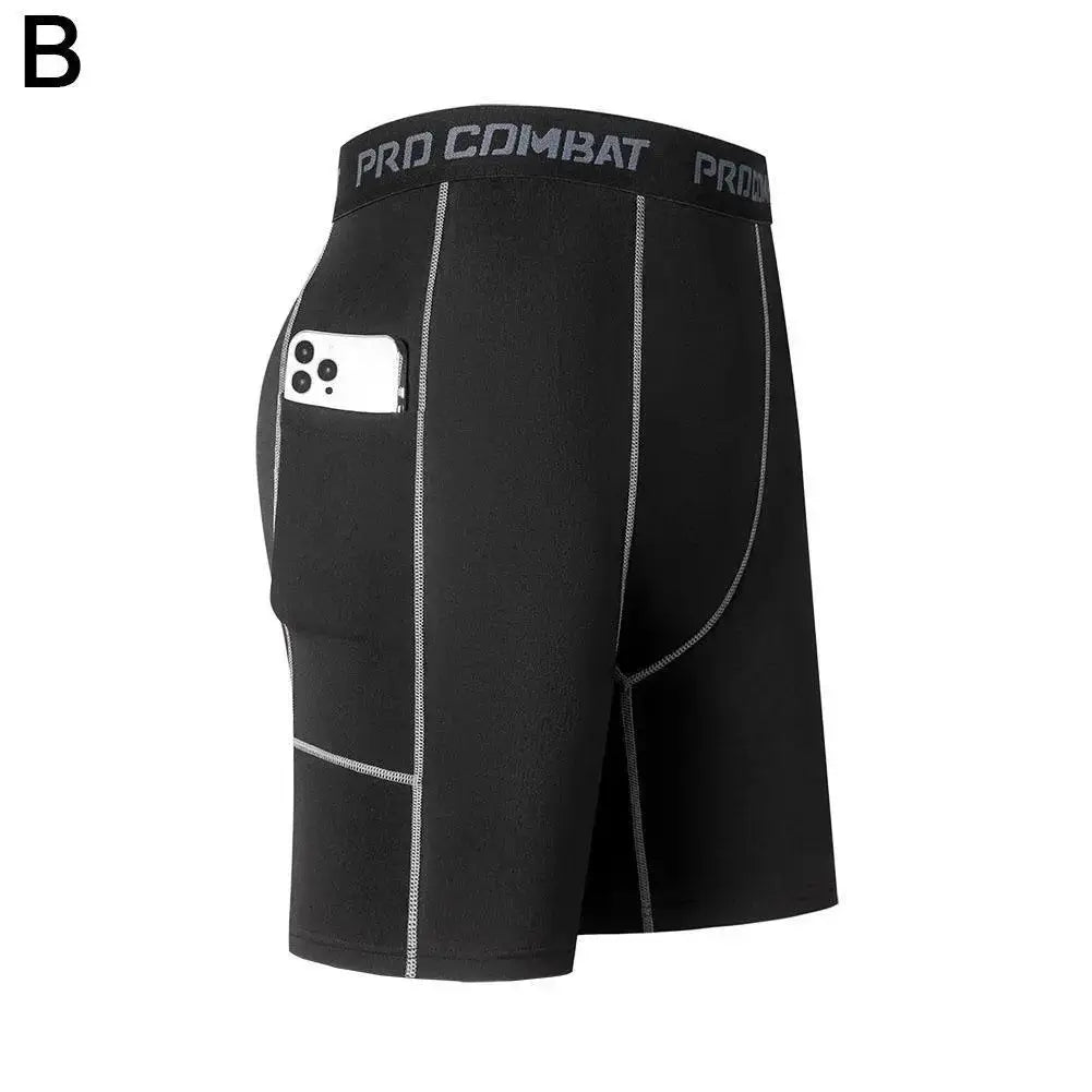 Simples Market men's compression shorts with pocket, black quick-dry breathable base layer