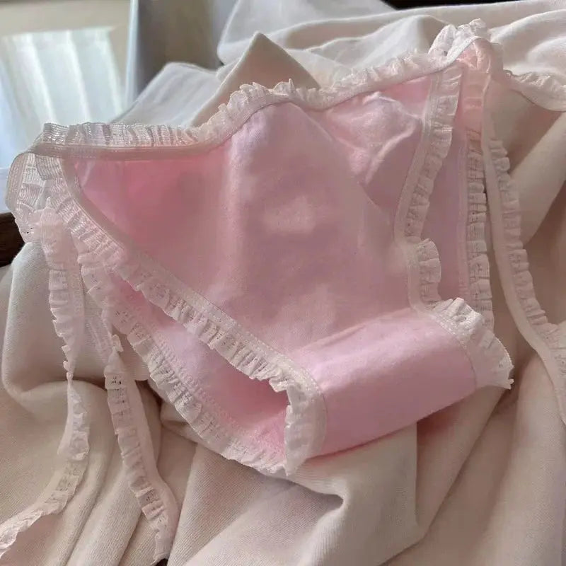 Pink satin panties with white lace trim and bows, low-waist undergarment by Simples Market